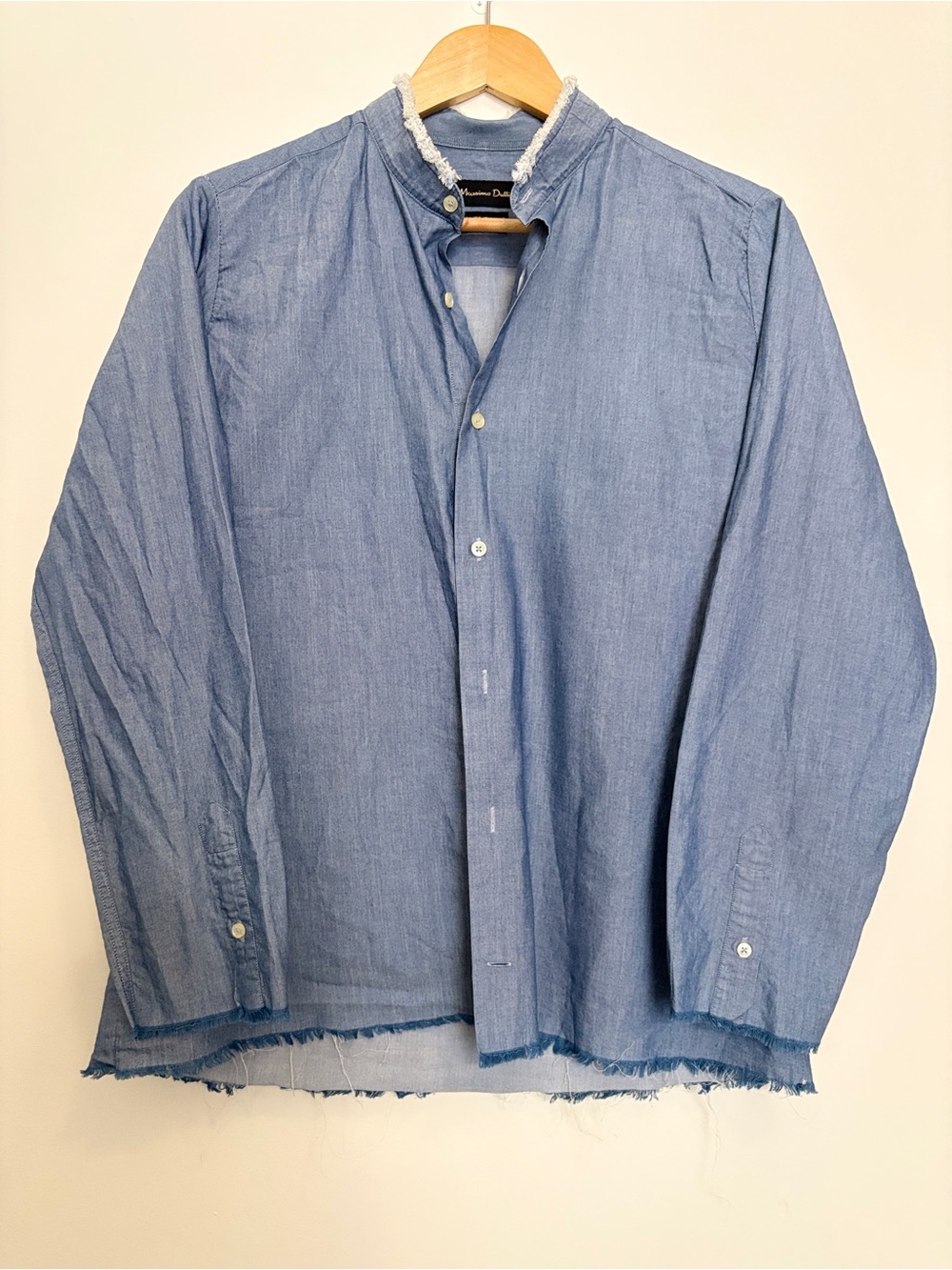Massimo Dutti Italian Fabric Frayed Raw Hem Band Collar Shirt Men's 16.5 SzL